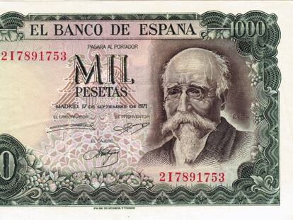 Billete de 1.000 pesetas con el retrato de Echegaray. 