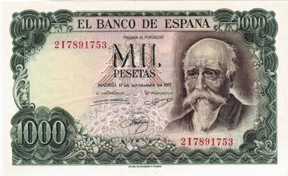 Billete de 1.000 pesetas con el retrato de Echegaray.