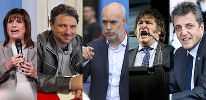 Los aspirantes a la presidencia de Argentina Patricia Bullrich, Juan Grabois, Horacio Rodríguez Larreta, Javier Milei y Sergio Massa.