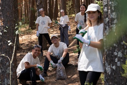 Los voluntarios del proyecto Planet4all reconstruyen el vallado del Hayedo de Montejo, en la sierra de Guadarrama, en Madrid, el pasado miércoles.