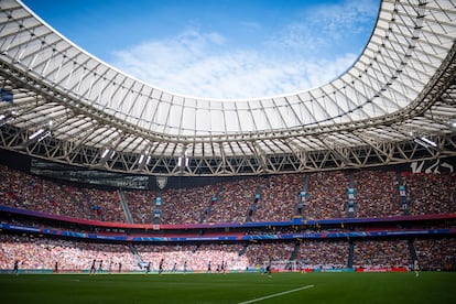 Vista del estadio de San Mamés de Bilbao donde este sábado el Olympique Lyon y el FC Barcelona han disputado la final de la Liga de Campeones. 