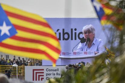 La eurodiputada Clara Ponsatí durante su intervención en Perpiñán, este sábado.