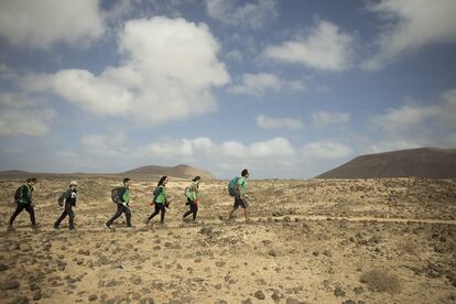 Miembros y voluntarios de la ONG WWF recogen pl‡sticos llegados a través del mar, en la costa de La Graciosa.
