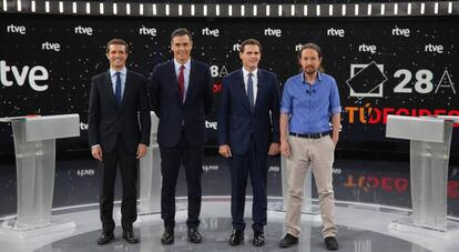 Pablo Casado, Pedro Sánchez, Albert Rivera y Pablo Iglesias, en el debate a cuatro de RTVE. / RICARDO RUBIO