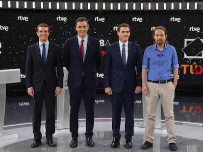 Pablo Casado, Pedro Sánchez, Albert Rivera y Pablo Iglesias, en el debate a cuatro de RTVE. / RICARDO RUBIO