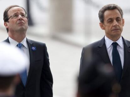 El socialista François Hollande, presidente electo de Francia y el conservador Nicolas Sarkozy, aún jefe del Estado galo, participan en un acto de homenaje a los caídos por Francia y en conmemoración del armisticio que puso fin a la II Guerra Mundial.