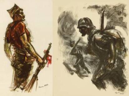 Dibujos de SIM, de 1936, de sus 'Estampas de la revolución española. 19 de julio de 1936' (izquierda) y de 'Doce escenas de guerra'.