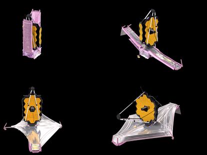 Combinación de imágenes del proceso de despliegue de los componentes del telescopio James Webb.