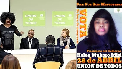 Helen Mukoro durante una intervención con su partido y en un cartel electoral.