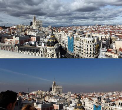 Vista del norte de la ciudad de Madrid desde el centro de la capital, donde se aprecia el descenso de la contaminación atmosférica respecto de la semana pasada (09-02-11)  en el mismo punto.