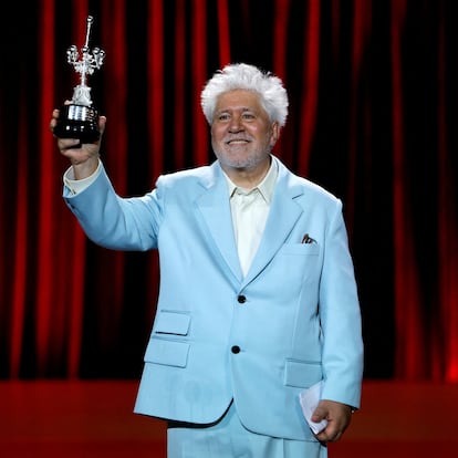 Spanish film director Pedro Almodovar receives the Donostia Award at San Sebastian Film Festival, in San Sebastian, Spain, September 26, 2024. REUTERS/Vincent West