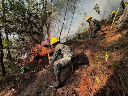 Soldados y comunitarios intentan sofocar un incendio forestal en Cobán, Guatemala, el 9 de marzo.