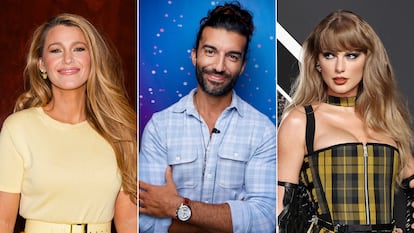 Blake Lively, Justin Baldoni y Taylor Swift en una composición fotográfica.