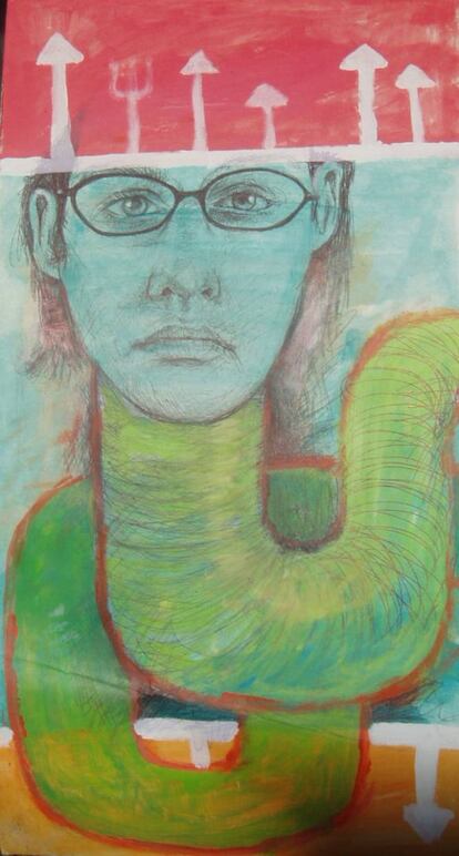 Título: 'Self Portrait as a Drainpipe', pintor: Miranda, 11x22 pintura de témpera sobre cartón, rescatado de la basura. ¿Quién sabe que provoca a que alguien se dibuje a sí mismo como un accesorio de plomería? Esta obra fue robada en 2004 y devuelta al poco tiempo junto con una donación de diez dólares.