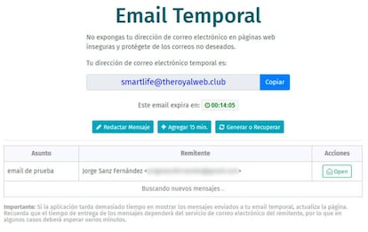 desde aquí podemos crear y gestionar el email temporal