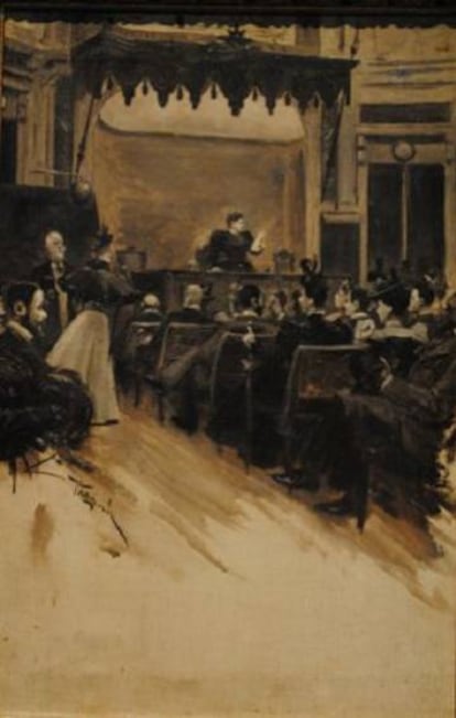 "Una lección de Doña Emilia Pardo Bazán en el Ateneo de Madrid sobre Literatura Contemporánea Francesa". Cuadro de Joaquín Vaamonde