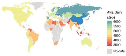 Quanto mais azul, mais passos dados em um dia. Quanto mais vermelho, menor atividade registrada pelo smartphone