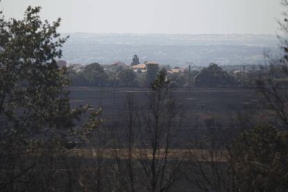 Vista panorámica de Villardiegua de la Ribera donde se pueden apreciar el área afectada por el incendio.