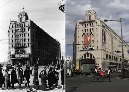La imagen de la izquierda fue tomada el 19 de marzo de 1945. Muestra la destrucción de los almacenes Matsuya tras el bombardeo de Tokio. A la derecha, el mismo escenario 70 años después. La fotografía fue tomada el pasado 27 de febrero. El edificio, situado en el distrito de Asakusa, sigue en uso, como estación de tren y centro comercial.