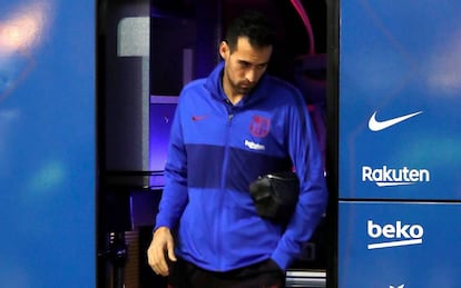 Busquets, a su llegada al Camp Nou.