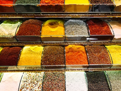 Colorful spices in a traditional Turkish Bazaar. Spices for cooking. Shop with spices. Sale of Oriental spices. East kitchen