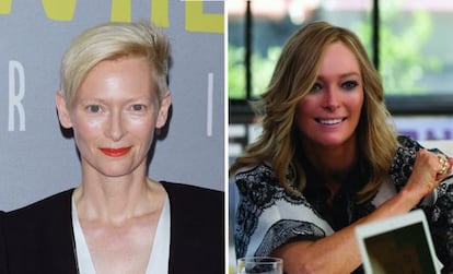 Tilda Swinton, a la izquierda, con su imagen habitual y a la derecha caracterizada.