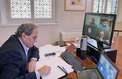 El presidente de la Generalitat, Quim Torra, durante una videoconferencia.