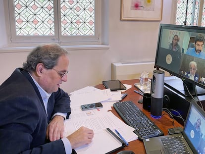 El presidente de la Generalitat, Quim Torra, durante una videoconferencia.