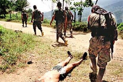 Guerrilleros de las FARC pasan junto al cadáver de un paramilitar en la provincia de Valle.