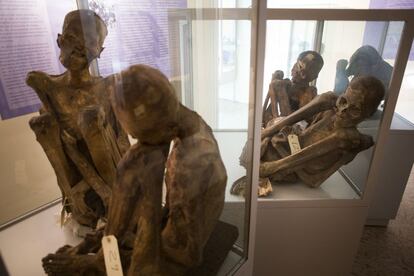 Sala de momias del museo Reverte Coma. La sala de momificaciones reúne ejemplares andinos y egipcios. Es una buena muestra del intento humano y universal de alcanzar la eternidad por medio de la conservación del cuerpo después de la muerte. Al menos alcanzaron la eternidad en este museo.