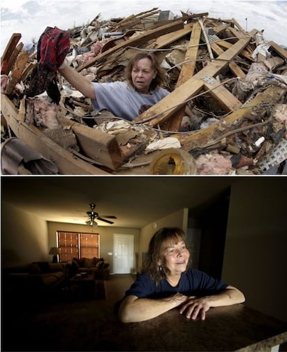 Carol Kawaykla intenta salvar algunas de sus pertenencias de los escombros de su casa en Moore, 23 de mayo de 2013. Kawaykla en el interior de su nueva casa construida cerca de la misma zona, 7 de marzo de 2014.