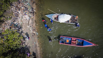 Trabajadores gubernamentales limpian el Lago de Maracaibo, en Venezuela
