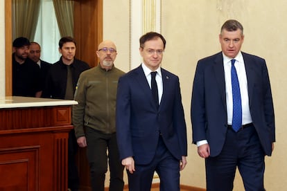 Ukrainian Minister of Defense Oleksii Reznikov (third from right), Vladimir Medinsky, the head of the Russian delegation (second from right) Russian lawmaker Leonid Slutsky and other members of the delegations enter a hall for their peace talks in Gomel region, Belarus,