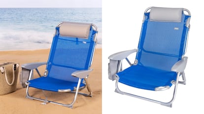 silla de playa de diseño plegable, asiento ancho y cojín para la cabeza.
