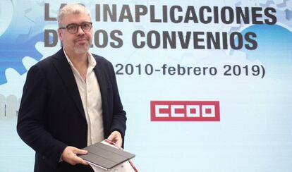 El secretario general de CCOO, Unai Sordo, en la presentación de un estudio sobre la inaplicación de convenios colectivos