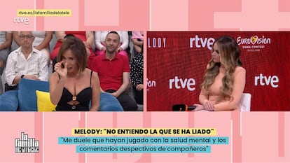 María Patiño, en 'La familia de la tele' durante la rueda de prensa de Melody este lunes.