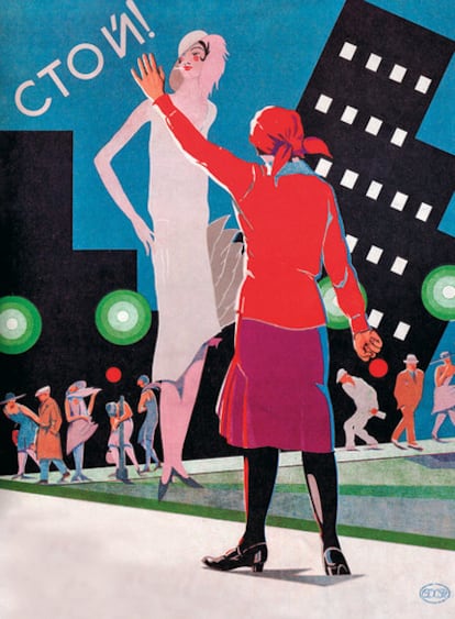 Cartel de 1920 en el que una camarada levanta la mano frente a una &#39;flapper&#39;.