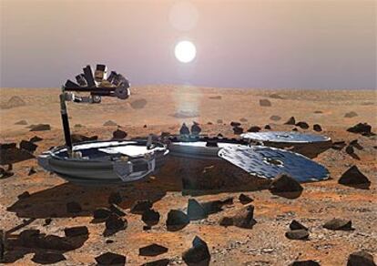 Simulación del momento en el que el pequeño robot <i>Beagle2</i> caerá en Marte, previsto para el día 25.