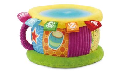 Gift ideas for a baby's first birthday: a multi-colored drum with sounds in Spanish and English.