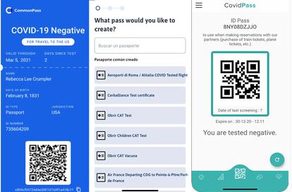 Ejemplos de aplicaciones que funcionan como pasaportes sanitarios. De izquierda a derecha: CommonPass, AOKPass y Covid Pass