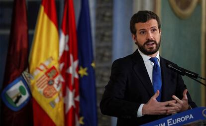 El presidente del PP, Pablo Casado, durante su intervención en un desayuno informativo de Nueva Economía Fórum, este miércoles en Madrid.