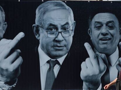 El primer ministro israelí, Benjamín Netanyahu, en un cartel electoral opositor.