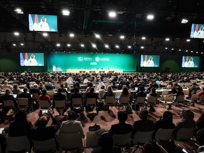 Delegados de los países seguían este jueves una intervención de Sultán al Jaber, presidente de la COP28, durante la cumbre del clima de Dubái.