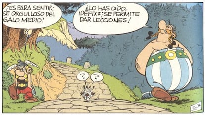 Vi&ntilde;eta de Ast&eacute;rix y Ob&eacute;lix que se public&oacute; en el primer n&uacute;mero de Pilote.