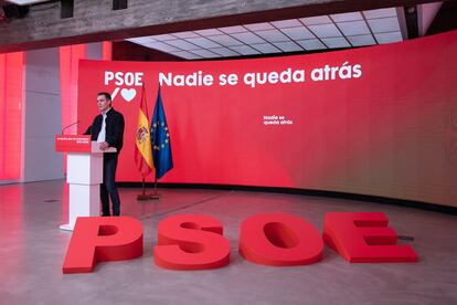 El secretario general del PSOE y presidente del Gobierno, Pedro Sánchez, durante su intervención el pasado sábado en la sede del partido en Madrid.