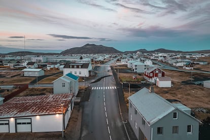 This image taken with a drone shows the town of Grindavik, Iceland, Thursday, Nov. 16, 2023.