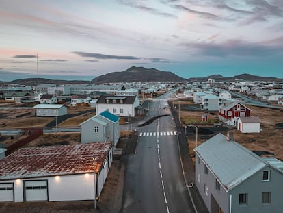 This image taken with a drone shows the town of Grindavik, Iceland, Thursday, Nov. 16, 2023.