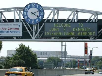 A clock at the entrance to JFK Airport in New York.