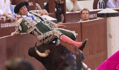 Un toro empitona a Pereira en Las Ventas.