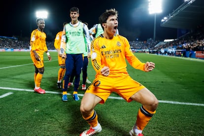 Gonzalo Garca celebra el gol de la victoria del Real Madrid en Legans